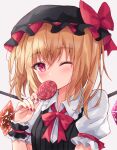  1girl absurdres bangs black_headwear blonde_hair blush bow bowtie commentary covered_mouth crystal eyebrows_visible_through_hair flandre_scarlet frilled_shirt_collar frills hair_between_eyes halloween hand_up hat hat_bow highres kofumi_(nxme5555) looking_at_viewer medium_hair mob_cap nail_polish one_eye_closed puffy_short_sleeves puffy_sleeves red_bow red_bowtie red_eyes red_nails short_sleeves simple_background solo touhou upper_body white_background wings wrist_cuffs 