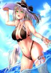  1girl absurdres aquila_(azur_lane) aquila_(sardegnian_shallows_and_sunshine)_(azur_lane) azur_lane bikini black_bikini black_ribbon blue_sky braid breasts center_opening cloud collar detached_collar from_below green_eyes hair_between_eyes hat highleg highleg_bikini highres huge_breasts long_hair navel official_alternate_costume open_mouth partially_submerged partially_underwater_shot ribbon saure_teigtasche silver_hair single_braid skindentation sky solo sun_hat swimsuit thigh_strap very_long_hair wet wet_legwear white_collar white_headwear 