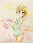  1girl :d ball bare_shoulders beachball blonde_hair blush green_eyes green_swimsuit hibike!_euphonium highres holding holding_ball holding_beachball kawashima_sapphire looking_at_viewer nii_manabu one-piece_swimsuit open_mouth short_hair signature smile solo spaghetti_strap standing swimsuit traditional_media watercolor_pencil_(medium) 