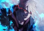  1boy artist_name blue_fire clenched_teeth collarbone dated devil_may_cry_(series) devil_may_cry_4 dmc_pa fire glowing glowing_eyes hood hood_down male_focus nero_(devil_may_cry) open_mouth red_eyes short_hair signature solo tagme teeth white_hair 