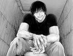  1boy bangs blood blood_splatter bloody_clothes bloody_hands cowboy_shot fushiguro_touji greyscale grin hair_between_eyes indoors jujutsu_kaisen looking_at_viewer male_focus monochrome own_hands_together pants scar scar_on_face shirt short_hair short_sleeves sitting smile solo ss_utr3n tsurime 