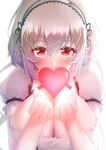  1girl azur_lane bangs blush breasts choker cleavage dress hair_between_eyes heart highres holding huge_breasts imo_bouya looking_at_viewer red_eyes short_hair short_sleeves sirius_(azur_lane) solo white_hair 