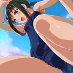  1girl armpits artist_name ass_visible_through_thighs bare_arms bare_legs bare_shoulders black_hair blue_sky blue_swimsuit breasts cameltoe close-up commentary_request dated day dd_(ijigendd) from_below fubuki_(kancolle) hair_ribbon highres kantai_collection low_ponytail one-piece_swimsuit open_mouth ponytail ribbon school_swimsuit short_hair short_ponytail sidelocks sky small_breasts smile solo swimsuit 