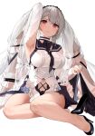  1girl absurdres arm_up armpits azur_lane bangs bare_shoulders black_choker black_dress black_footwear black_neckwear black_sailor_collar blush bow_dress breasts chinese_commentary choker clothes_lift clothing_cutout commentary_request dress dress_lift eyebrows_visible_through_hair feather_dress formidable_(azur_lane) formidable_(timeless_classics)_(azur_lane) full_body grey_hair hair_between_eyes hair_ornament hair_ribbon high_heels highres large_breasts long_hair looking_at_viewer meatfatty navel navel_cutout neckerchief official_alternate_costume parted_lips red_eyes ribbon sailor_collar shoes sidelocks simple_background single_shoe sitting smile solo toe_cleavage twintails two-tone_dress veil very_long_hair white_background white_dress yokozuwari 