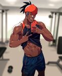  1boy abs bare_arms black_hair black_shirt blue_shorts blurry blurry_background closed_eyes clothes_lift commentary dark-skinned_male dark_skin dumbbell earrings gen_4_pokemon gym hands_up holding holding_phone indoors jewelry male_focus muscular muscular_male navel number open_mouth orange_headwear phone pokemon pokemon_(game) pokemon_swsh raihan_(pokemon) rotom rotom_phone selfie shirt shirt_lift short_hair shorts sleeveless sleeveless_shirt smile sweat teeth tongue undercut v xelgot |d 