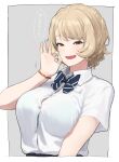  1girl :d accio bead_bracelet beads blonde_hair blue_bra blue_nails blush bow bowtie bra bracelet breasts brown_eyes fang fellatio_gesture highres jewelry looking_at_viewer mole mole_under_eye open_mouth original school_uniform short_hair smile solo translation_request underwear 