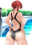  1girl alternate_costume ass azur_lane breasts commentary_request from_behind hands_on_hips highres large_breasts monarch_(azur_lane) oriue_wato pool purple_eyes red_hair swimsuit 