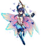  1girl bangs belt blue_eyes blue_hair boots bug butterfly cape detached_sleeves dootmoon falchion_(fire_emblem) fingerless_gloves fire_emblem fire_emblem_awakening fire_emblem_heroes full_body gloves hair_between_eyes highres holding holding_sword holding_weapon insect long_hair lucina_(fire_emblem) official_alternate_costume sheath smile solo sword thigh_boots thighhighs tiara twitter_username weapon white_background 