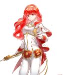  1girl aiguillette arm_at_side bangs cape celica_(fire_emblem) cowboy_shot earrings fire_emblem fire_emblem_echoes:_shadows_of_valentia futabaaf gloves hairband holding holding_sword holding_weapon jewelry long_hair long_sleeves looking_at_viewer pants red_cape red_eyes red_hair simple_background solo spot_color sword tassel two-sided_cape two-sided_fabric weapon white_background white_cape white_pants 