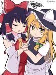  2girls annoyed apron bangs black_hair black_headwear black_shirt blonde_hair bow braid closed_eyes collar detached_sleeves dress hair_bow hair_tubes hakurei_reimu hat holding_hands interlocked_fingers kirisame_marisa long_hair multiple_girls open_mouth ramudia_(lamyun) red_dress shirt short_hair short_sleeves side_braid simple_background touhou white_background white_sleeves witch_hat yellow_eyes 