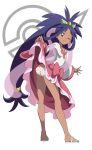  1girl bangs bow bow_skirt brown_eyes butt_crack closed_mouth clothes_lift commentary dark-skinned_female dark_skin eyebrows_visible_through_hair eyelashes flashing frilled_skirt frills full_body hair_rings highres iris_(pokemon) leaning_forward lifted_by_self long_hair long_sleeves looking_back one_eye_closed panties pink-bow pink_skirt poke_ball_symbol pokemon pokemon_(game) pokemon_bw2 polka_dot polka_dot_panties purple_hair sandals shirt skirt skirt_lift smile solo standing suitenan tiara tied_hair underwear v-neck very_long_hair wedgie white_background white_footwear white_shirt 