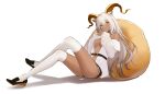  1girl absurdres animal_ears arknights bangs bean_bag beeswax_(arknights) beeswax_(weisser_sand)_(arknights) belt black_footwear black_shorts breasts cleavage closed_mouth crossed_bangs crossed_legs dark-skinned_female dark_skin expressionless eyebrows_visible_through_hair fei_(songyijie) full_body goat_ears goat_horns hair_between_eyes hands_clasped highres horns jacket long_hair long_sleeves looking_at_viewer medium_breasts off_shoulder official_alternate_costume open_clothes open_jacket own_hands_together shoes short_shorts shorts simple_background sitting solo thighhighs thighs white_background white_hair white_jacket white_legwear yellow_eyes 