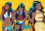  1girl armlet bare_arms belly_chain bike_shorts black_hair blue_eyes blue_eyeshadow blue_hair breasts chewtle closed_mouth commentary dark-skinned_female dark_skin drednaw dress earrings eyeshadow gen_4_pokemon gen_8_pokemon gym_leader hair_bun hands_on_hips holding holding_phone hoop_earrings imitating jewelry long_hair looking_at_viewer makeup multicolored_hair multiple_views navel necklace nessa_(pokemon) one_eye_closed parted_lips pearl_necklace phone pokemon pokemon_(creature) pokemon_(game) pokemon_swsh rotom rotom_phone simple_background sleeveless sleeveless_dress smile two-tone_hair xelgot yellow_background yellow_dress 