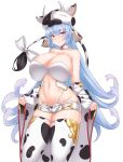  1girl animal_ears animal_print banditkeith18 bikini bikini_top blue_hair breasts bright_pupils cleavage cow_ears cow_girl cow_hat cow_horns cow_print cow_tail detached_collar detached_sleeves dot_mouth draph gold_trim granblue_fantasy groin highres horns huge_breasts long_hair micro_shorts midriff navel orange_eyes shatola_(granblue_fantasy) shorts solo stomach swimsuit tail thighhighs very_long_hair white_background wide_sleeves 