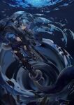  1girl absurdres animal_ears arknights bangs blue_eyes blue_hair blunt_bangs boots bubble chinese_commentary closed_mouth glaucus_(arknights) highres holding holding_weapon jacket long_sleeves pants railgun sample solo tentacles underwater weapon zhishihua 