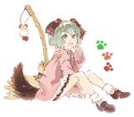  1girl animal_ears between_legs black_footwear broom dog_ears dog_girl dog_tail fang full_body green_eyes green_hair kasodani_kyouko konabetate looking_at_viewer open_mouth paw_print pink_shirt shirt shoes short_hair simple_background sitting skirt socks solo tail touhou white_background white_legwear white_skirt 