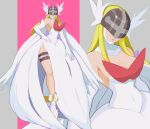  1girl alternate_costume angel_wings angewomon asymmetrical_clothes bare_shoulders blonde_hair boots breasts cleavage cosplay covered_collarbone covered_eyes covered_navel digimon digimon_(creature) digimon_adventure dress elbow_gloves facing_viewer gardevoir gen_3_pokemon gloves grey_background head_wings helmet hexed high_heels highres large_breasts long_hair long_legs mega_gardevoir mega_gardevoir_(cosplay) mega_pokemon pink_background pokemon scope single_pantsleg smile thigh_strap white_footwear white_gloves wings 