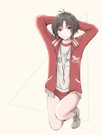  1girl abstract_background antenna_hair arms_behind_head black_hair idolmaster iso_(nh15mint) jacket kikuchi_makoto open_clothes open_jacket purple_eyes shoes short_hair shorts sneakers solo track_jacket whistle whistle_around_neck 