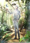  1boy bird black_footwear blurry blurry_foreground boots bush ceiling_light closed_mouth depth_of_field flower greenhouse hand_up highres indoors jacket ladder light_and_night_love long_sleeves male_focus official_art pants plant potted_plant rose ryota-h shirt short_hair solo standing white_flower white_hair white_jacket white_pants white_rose white_shirt wooden_floor yellow_eyes 