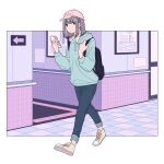  1girl absurdres aqua_hoodie arrow_(symbol) backpack bag bangs baseball_cap black_bag black_pants border bright_pupils drawstring grey_hair hat highres hood hood_down indoors medium_hair original outside_border pants pink_headwear shi_oo shoes solo tile_floor tiles walking white_border white_footwear white_pupils 