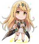  bangs bare_legs bare_shoulders blonde_hair breasts chest_jewel chibi cleavage cleavage_cutout clothing_cutout dress earrings elbow_gloves gloves highres jewelry kurokaze_no_sora large_breasts long_hair mythra_(xenoblade) short_dress swept_bangs thigh_strap tiara very_long_hair white_dress white_footwear white_gloves xenoblade_chronicles_(series) xenoblade_chronicles_2 yellow_eyes 