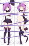  1girl :o arm_up ass_visible_through_thighs asymmetrical_legwear bangs bare_shoulders barefoot bed_sheet beret black_bow black_dress black_headwear black_legwear blush bow breasts censored closed_mouth commentary_request dakimakura_(medium) detached_sleeves dress eyebrows_visible_through_hair fate/grand_order fate_(series) groin hair_bow hat hat_removed headwear_removed helena_blavatsky_(fate) highres hitsujibane_shinobu long_sleeves looking_at_viewer lying multiple_views navel no_shoes nose_blush nude on_back one_breast_out parted_lips photoshop_(medium) puffy_long_sleeves puffy_sleeves purple_eyes purple_hair pussy_juice revision single_thighhigh sleeves_past_wrists small_breasts smile strapless strapless_dress thighhighs thighhighs_removed tree_of_life white_sleeves 