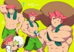  1boy abs arm_behind_head brown_headwear character_name closed_eyes closed_mouth commentary eldegoss flower flying_sweatdrops freckles gen_8_pokemon green_background green_eyes green_shorts gym_leader hat heart holding holding_flower holding_pokemon hug looking_down male_focus milo_(pokemon) muscular muscular_male navel one_eye_closed pink_hair pokemon pokemon_(creature) pokemon_(game) pokemon_swsh shirt shirtless short_sleeves shorts simple_background smile sun_hat white_flower xelgot 
