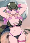  1girl adapted_costume african_rock_python_(kemono_friends) animal_print armpits arms_behind_head arms_up baseball_cap bikini blonde_hair breasts cleavage closed_mouth day from_above groin hat highres kemono_friends large_breasts light_blush long_hair looking_at_viewer mamiyama multicolored_hair navel o-ring o-ring_bikini on_ground outdoors print_bikini print_swimsuit purple_eyes purple_hair reclining side-tie_bikini side-tie_bottom skindentation smile snake_tail snakeskin_print solo stomach swimsuit tail thigh_strap two-tone_hair wristband 