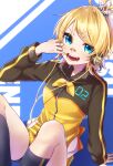  1girl arm_support bandaid bandaid_on_nose bangs bike_shorts black_jacket black_legwear blonde_hair blue_background blue_eyes bow bowtie cable fangs finger_to_mouth hair_ornament hairclip headphones highres jacket kagamine_rin kneehighs looking_at_viewer open_mouth pinky_out project_diva_(series) short_hair sitting solo soramame_pikuto stylish_energy_(module) swept_bangs track_jacket two-tone_jacket vocaloid yellow_bow yellow_jacket 