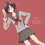  1girl antenna_hair black_hair cosplay dutch_angle english_text hino_rei hino_rei_(cosplay) idolmaster iso_(nh15mint) kikuchi_makoto ofuda one_eye_closed short_hair simple_background sketch smile 