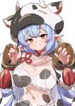  1girl animal_print blue_hair blush breasts cow_hat cow_print draph earrings gazacy_(dai) granblue_fantasy highres jewelry large_breasts long_hair looking_at_viewer navel pointy_ears see-through shatola_(granblue_fantasy) simple_background smile solo white_background 