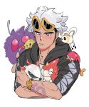  1boy arm_tattoo black_hair black_jacket blush closed_mouth commentary_request cutiefly eyewear_on_head gen_1_pokemon gen_3_pokemon gen_5_pokemon gen_7_pokemon gen_8_pokemon green_(grimy) grey_eyes guzma_(pokemon) highres holding holding_pokemon hood hooded_jacket jacket joltik larvesta looking_down male_focus multicolored_hair pokemon pokemon_(creature) pokemon_(game) pokemon_sm shirt short_sleeves simple_background sizzlipede sketch sunglasses tattoo team_skull two-tone_hair undercut venonat white_background white_hair white_shirt wurmple yellow-framed_eyewear 