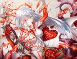  1girl arrow_(projectile) blunt_ends bow_(weapon) closed_mouth clothing_cutout corruption dr. dress elbow_gloves flower gloves half-nightmare holding holding_weapon long_hair looking_at_viewer navel_cutout one_eye_closed pantyhose plant red_flower red_gloves red_legwear rose silver_hair sinoalice snow_white_(sinoalice) solo thorns vines weapon white_dress white_hair 
