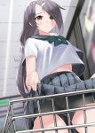  1girl azur_lane bangs bike_shorts bike_shorts_under_skirt black_hair cassin_(azur_lane) cassin_(shopping_carte_blanche)_(azur_lane) closed_mouth clothes_lift convenience_store dutch_angle from_below frown hair_ornament hairclip heterochromia lifted_by_self looking_at_viewer medium_hair official_alternate_costume ootani_nonno orange_eyes ponytail sailor_collar school_uniform serafuku shirt shop shopping_cart short_sleeves skirt skirt_lift solo swept_bangs white_shirt yellow_eyes 