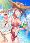  1girl ;d aqua_eyes bare_shoulders beach breasts brown_hair brown_headwear center_opening chinese_clothes cleavage cowboy_shot day double_bun dutch_angle flower hat hat_flower holding large_breasts long_hair looking_at_viewer miwabe_sakura navel ocean one-piece_swimsuit one_eye_closed open_mouth original outdoors palm_leaf parfait pelvic_curtain red_swimsuit sheer_clothes sidelocks smile solo stomach straw_hat summer sunlight swimsuit thighs tropical_drink twintails very_long_hair 