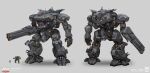  arm_cannon canopy character_sheet concept_art copyright_name doom_(series) doom_eternal emerson_tung english_commentary gatling_gun grey_background highres logo mecha official_art open_hand science_fiction size_comparison weapon 