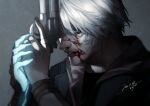  1boy artist_name blood blood_on_face blue_eyes blue_rose_(gun) bracelet dated devil_bringer devil_may_cry_(series) devil_may_cry_4 dmc_pa eyes_visible_through_hair glowing gun holding holding_gun holding_weapon hood hood_down jewelry male_focus nero_(devil_may_cry) nosebleed parted_lips revolver ring short_hair signature solo upper_body weapon 