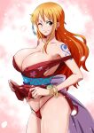  1girl areola_slip areolae bangle bangs bikini bracelet breasts cleavage clothes_lift collarbone hair_ornament jewelry large_breasts long_hair looking_at_viewer minpei_ichigo nami_(one_piece) off_shoulder one_piece orange_eyes orange_hair red_bikini sash smile solo swimsuit tattoo 