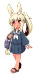  1girl :d animal_ear_fluff animal_ears bag bangs blonde_hair blue_sailor_collar blue_serafuku blue_shirt blue_skirt brown_footwear bunny_ears eyebrows_visible_through_hair full_body heart heart-shaped_pupils highres long_hair long_sleeves looking_at_viewer masurao_(sekaiju) naga_u neckerchief open_mouth pleated_skirt ponytail puffy_long_sleeves puffy_sleeves purple_eyes sailor_collar sandals school_bag sekaiju_no_meikyuu sekaiju_no_meikyuu_5 shirt short_eyebrows simple_background skirt smile solo standing symbol-shaped_pupils tan thick_eyebrows very_long_hair white_background white_neckwear 