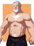  1boy abs bara beard black_pants bulge chest_hair facial_hair hair_strand highres large_pectorals looking_at_viewer male_focus mature_male muscular muscular_male navel navel_hair nipples old old_man overwatch pants pectorals reinhardt_(overwatch) ryker scar scar_across_eye shirtless short_hair simple_background smile solo stomach white_hair 
