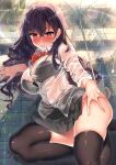  1girl bad_anatomy bangs black_bra black_skirt blush bra breasts cleavage collarbone highres kawai large_breasts long_hair long_sleeves looking_at_viewer original purple_eyes purple_hair see-through skirt solo thighhighs thighs umbrella underwear wet wet_clothes 