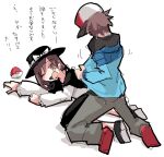  1boy 1girl baseball_cap black_skirt blue_jacket bow capelet cargo_pants commentary_request fedora from_behind grey_pants hat hat_bow hilbert_(pokemon) jacket one_eye_closed open_clothes open_jacket pants poke_ball pokemon pokemon_(game) pokemon_bw sexually_suggestive shiroshi_(denpa_eshidan) shirt short_hair skirt tears touhou translation_request usami_renko white_shirt 