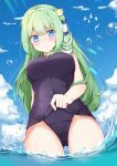  1girl alternate_costume arm_behind_back bangs bare_arms bird blue_eyes blue_sky blush breasts clothes_pull cloud commentary_request eyebrows_visible_through_hair frog_hair_ornament from_below green_hair hair_ornament hair_tubes kochiya_sanae large_breasts long_hair looking_at_viewer looking_down ocean old_school_swimsuit rururiaru school_swimsuit sky smile snake_hair_ornament solo swimsuit swimsuit_pull touhou very_long_hair wading water_drop 