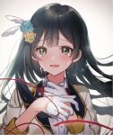  1girl bangs black_eyes black_hair blush bow bowtie collared_shirt cropped_jacket crying feather_hair_ornament feathers flower gloves grey_eyes hair_flower hair_ornament half_gloves i&#039;ll_protect_your_smile!_(love_live!) idol_clothes long_hair love_live! love_live!_nijigasaki_high_school_idol_club mizukikushou one_side_up red_neckwear shirt solo tears white_gloves white_shirt yuuki_setsuna_(love_live!) 