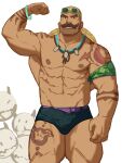  1boy abs absurdres bald bara bare_pectorals beard black_male_swimwear braum_(league_of_legends) bulge dark-skinned_male dark_skin erection erection_under_clothes eyewear_on_head facial_hair feet_out_of_frame flexing hat highres large_pectorals league_of_legends male_focus male_swimwear mature_male muscular muscular_male mustache navel nipples official_alternate_costume pectorals pose ryker short_hair solo stomach straw_hat sunglasses swim_briefs tan thick_thighs thighs 