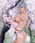 1boy abs alternate_pectoral_size ass bara bulge cherry_blossoms from_side fundoshi grey_hair japanese_clothes large_pectorals long_sideburns looking_at_viewer male_focus male_pubic_hair muscular muscular_male navel nipples pectorals pubic_hair scar scar_on_face scar_on_nose short_hair sideburns smile solo spacebaddy stomach takashi_shirogane thighs underwear underwear_only voltron:_legendary_defender voltron_(series) white_male_underwear 