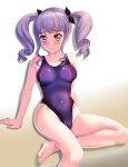  1girl baek_hyang&#039;geum bang_dream! barefoot breasts competition_swimsuit covered_navel drill_hair feet_out_of_frame happy_birthday highres long_hair looking_at_viewer medium_breasts one-piece_swimsuit purple_hair purple_swimsuit red_eyes sitting smile solo swimsuit twin_drills twintails udagawa_ako 