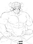  1boy abs animal_ears bar_censor bara bare_pectorals blush censored cow_boy cow_ears cow_horns facial_hair fiery_horns flaccid forked_eyebrows glowing_horns goatee greyscale gumiten highres horns large_pectorals male_focus male_pubic_hair monochrome muscular muscular_male naked_towel navel nipples pectorals penis pubic_hair short_hair sitting solo spiked_hair stomach sweat thick_eyebrows thick_thighs thighs tokyo_houkago_summoners towel towel_on_legs wakan_tanka work_in_progress 