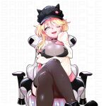  1girl blonde_hair blue_eyes breasts chair crossed_legs ejami hat long_hair looking_at_viewer one_eye_closed open_mouth original sample simple_background sitting sleeves_past_wrists smile solo thighhighs white_background 