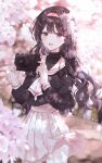  1girl :d bangs black_hair black_shirt blurry blurry_background blurry_foreground camera cardcaptor_sakura commentary_request daidouji_tomoyo day depth_of_field eyebrows_visible_through_hair flower hair_intakes hairband highres holding holding_camera long_hair long_sleeves looking_at_viewer mattang open_mouth outdoors pink_hairband pleated_skirt purple_eyes sailor_collar school_uniform serafuku shirt skirt smile solo standing very_long_hair white_flower white_sailor_collar white_skirt 